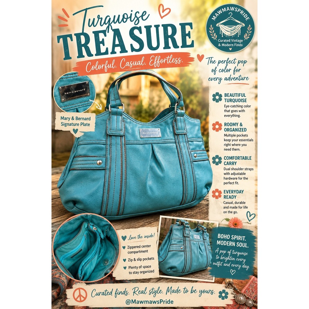 Herve Benard Turquoise Shoulder Bag Faux Leather Tote Boho Blue Handbag Womens